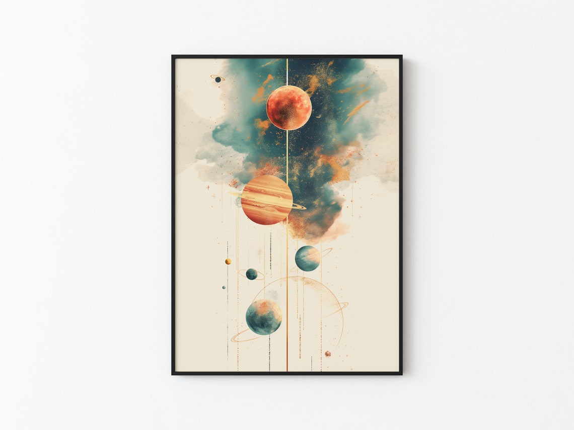 Abstract Watercolor Planets Vertical Column Japandi Art Print