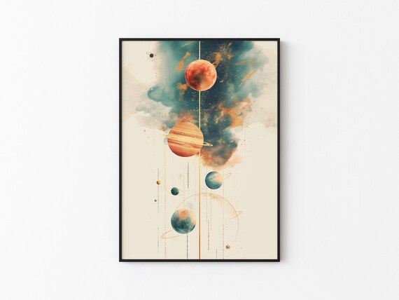 Abstract Watercolor Planets Vertical Column Japandi Art Print