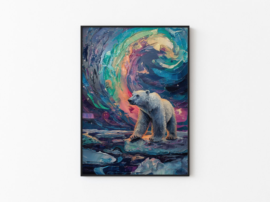 Aurora Borealis Wilderness Northern Lights Instant Art Poster Polar Bear Versatile Sizes Colorful Impasto Print 13
