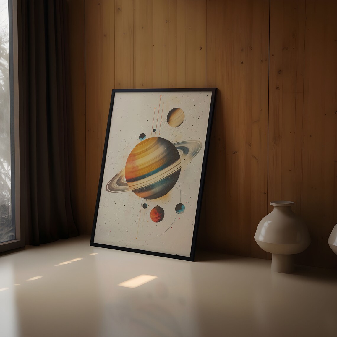 Abstract Beige Striped Saturn Dark Bands Gray Ring Watercolor Art Print - Image 2