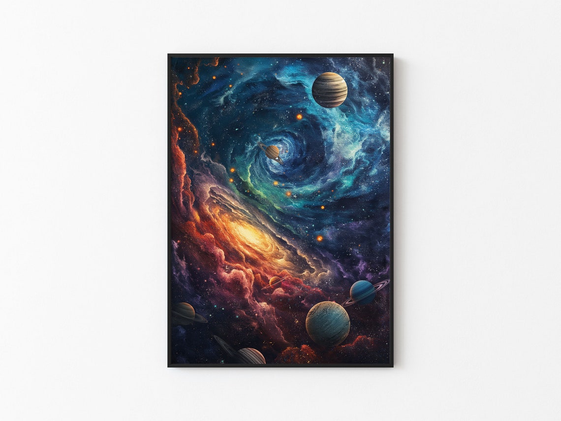 Swirling Teal Galaxy Ringed Planets Red Nebula Impasto Poster