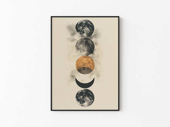 Stacked Five Moons Golden Orange Center Abstract Art Cream Poster