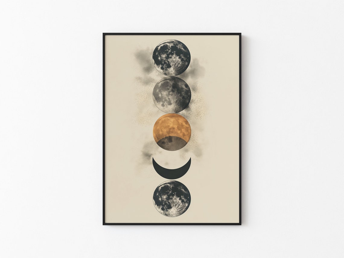 Stacked Five Moons Golden Orange Center Abstract Art Cream Poster