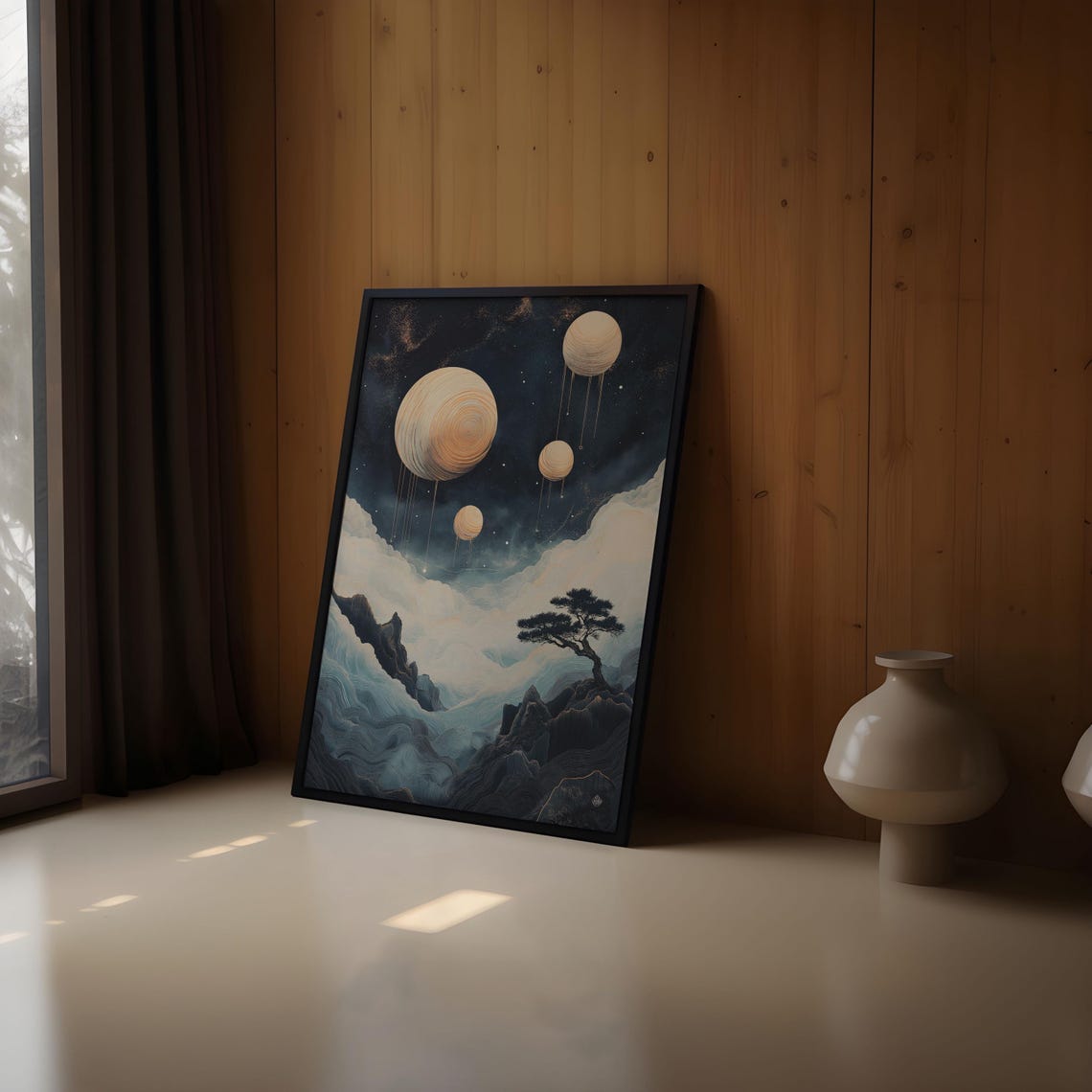 Dripping Gold Moons Cloud Sea Cliff Pine Dreamy Surreal Night Poster - Image 2