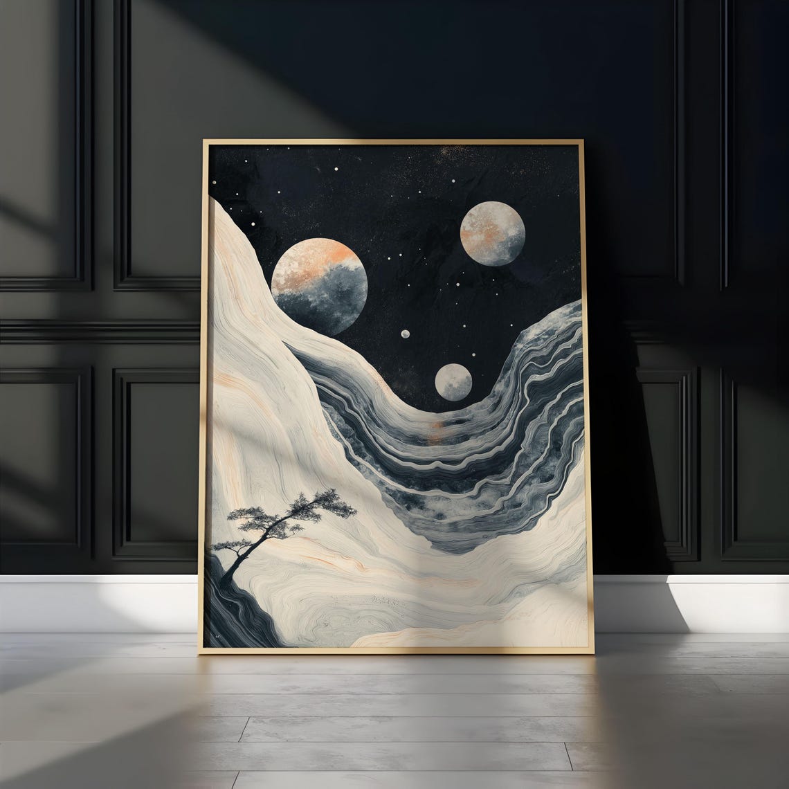 Rust Orange Planets Ivory Indigo Waves Lone Pine Night Sky Art Poster - Image 3