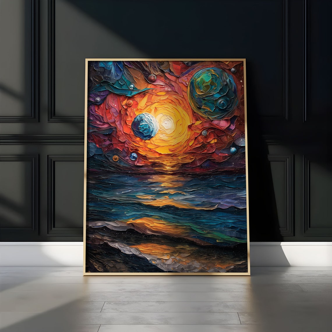 Fiery Orange Vortex Blue Green Planets Dark Ocean Art Poster - Image 2