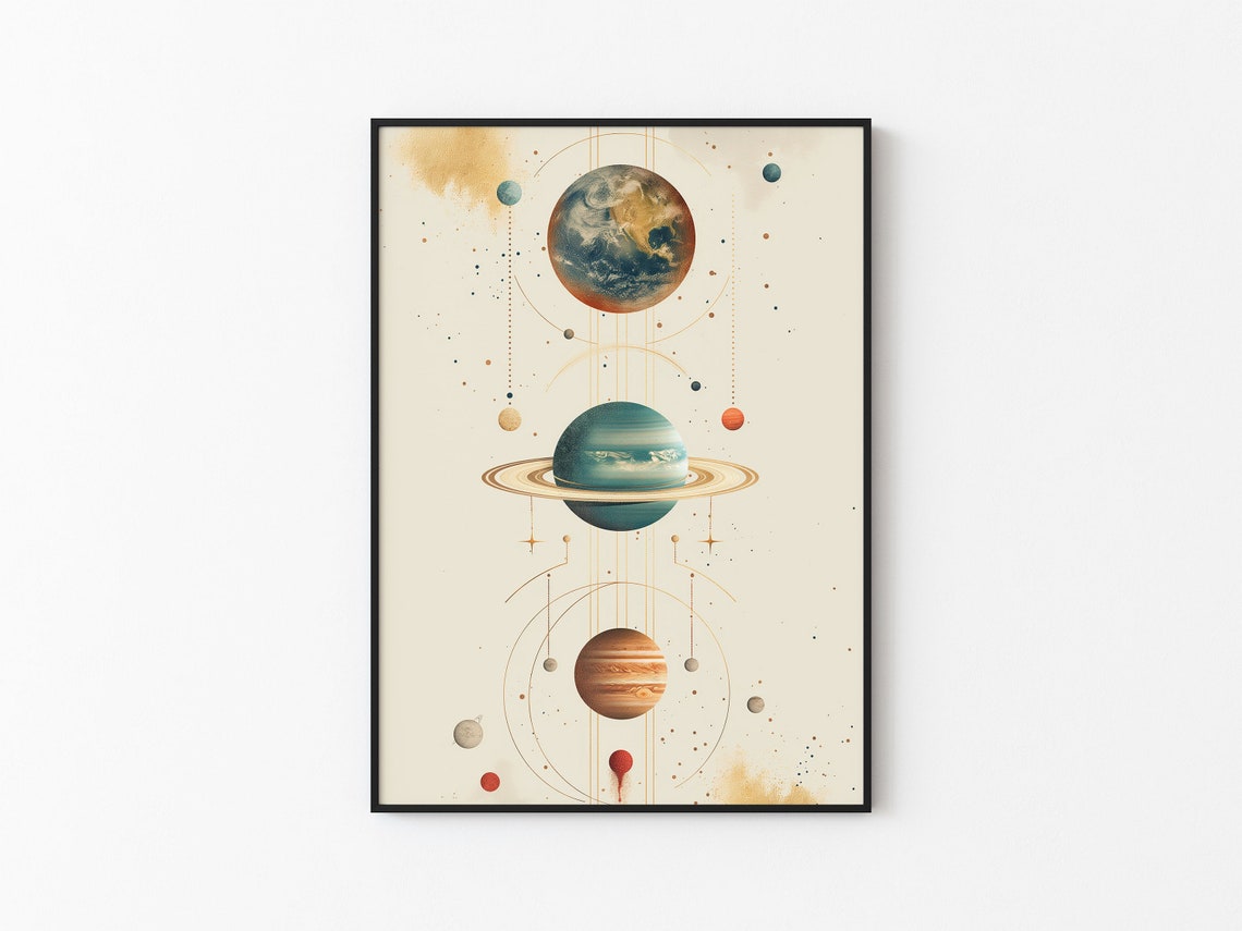 Abstract Earth and Ringed Planets Alignment Gold Line Art Print