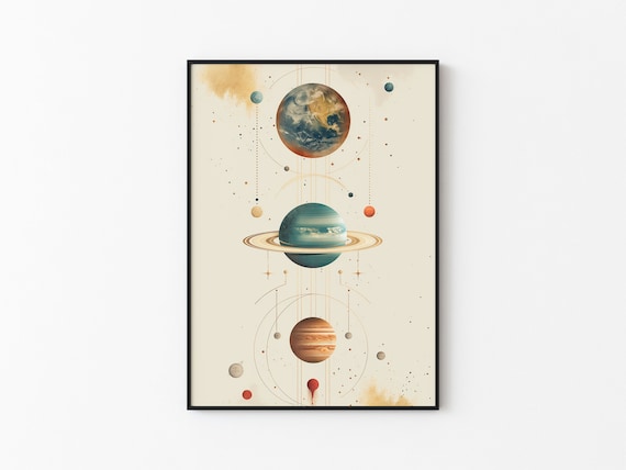 Abstract Earth and Ringed Planets Alignment Gold Line Art Print