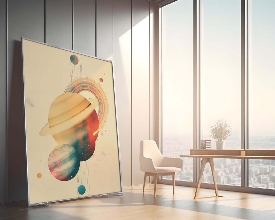 Cream Saturn Ringed Planet Pastel Watercolor Abstract Wall Art - Image 2