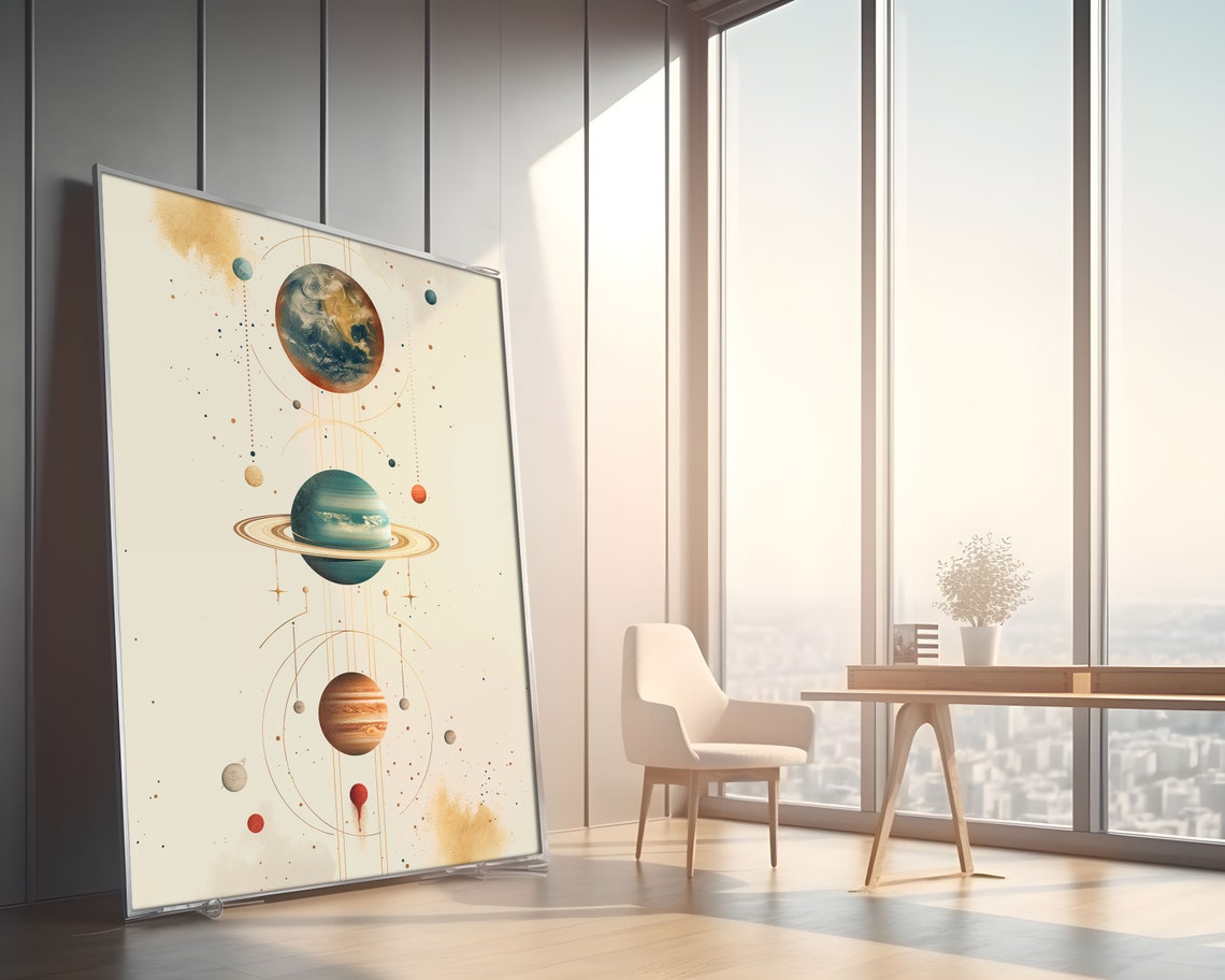 Abstract Earth and Ringed Planets Alignment Gold Line Art Print - Image 2