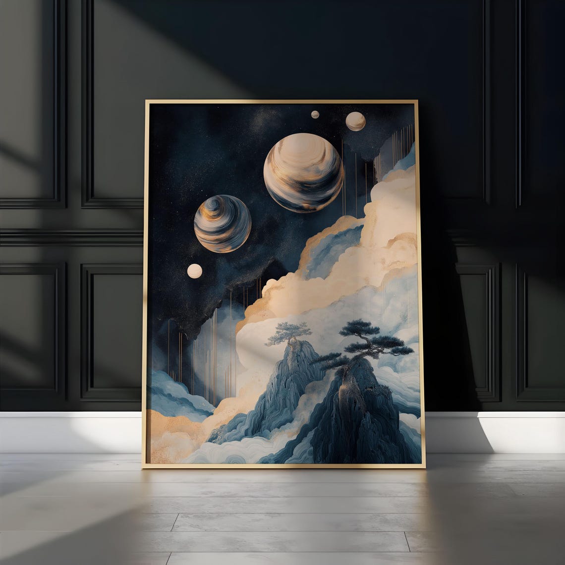 Japandi Cosmic Planets Misty Mountains Bonsai Minimalist Art Poster - Image 3
