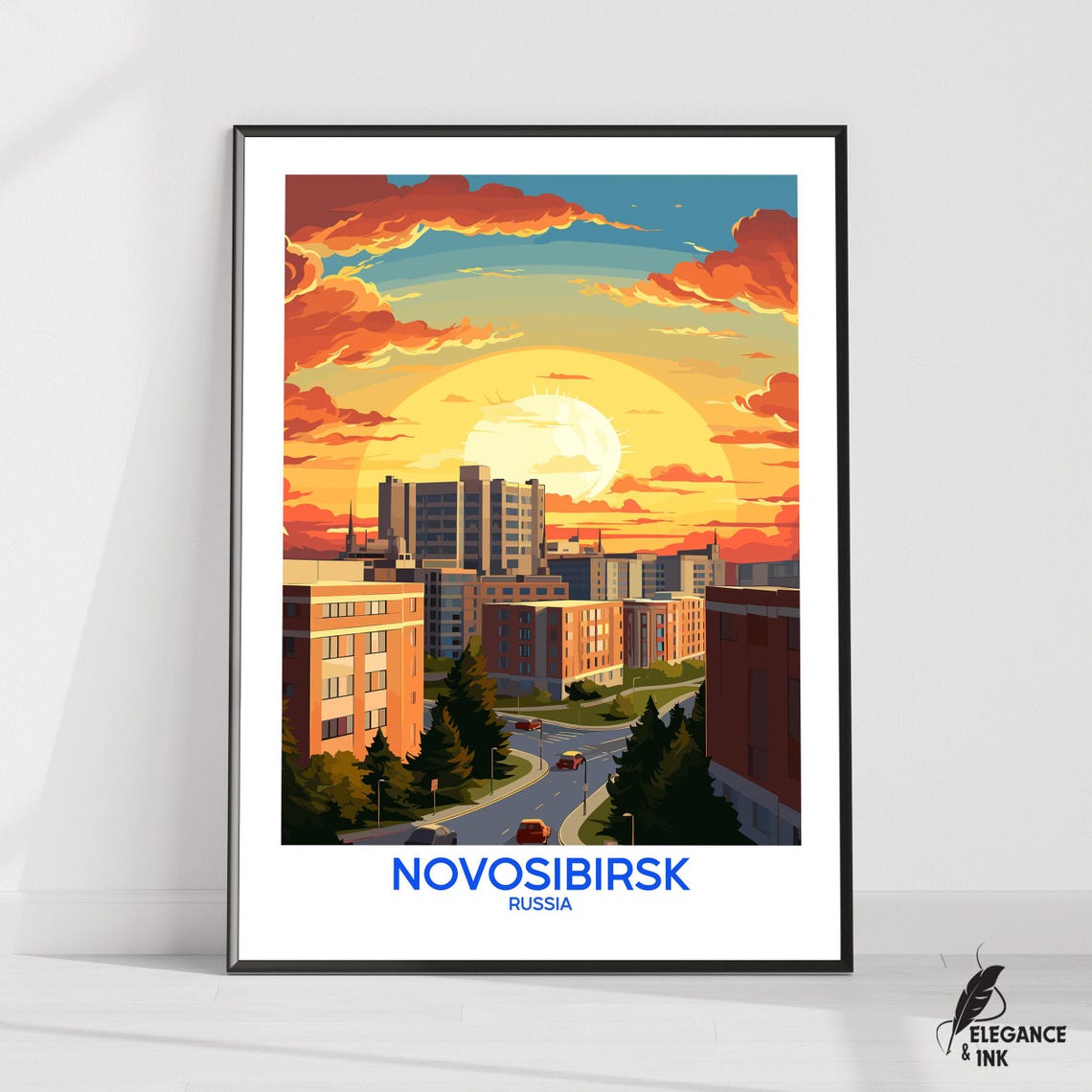 Novosibirsk Russia City Skyline Amber Sunset Clouds Scene Poster
