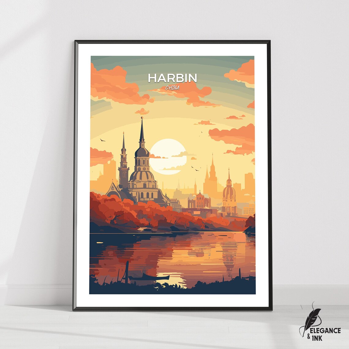 Harbin China Sunset Skyline Retro Travel Illustration Art Poster