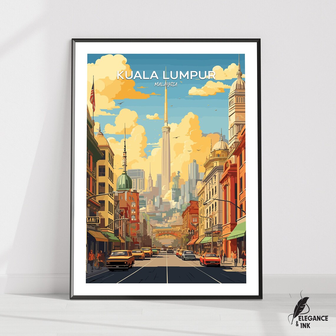 Kuala Lumpur Malaysia Golden Hour Avenue Vintage Cars Travel Poster