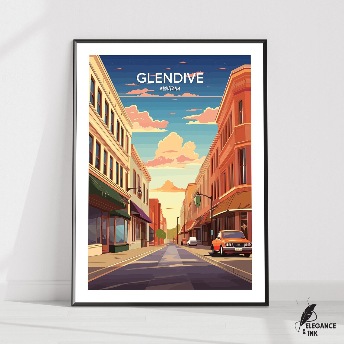 Glendive Montana Sunset Main Street Illustrated Travel Poster