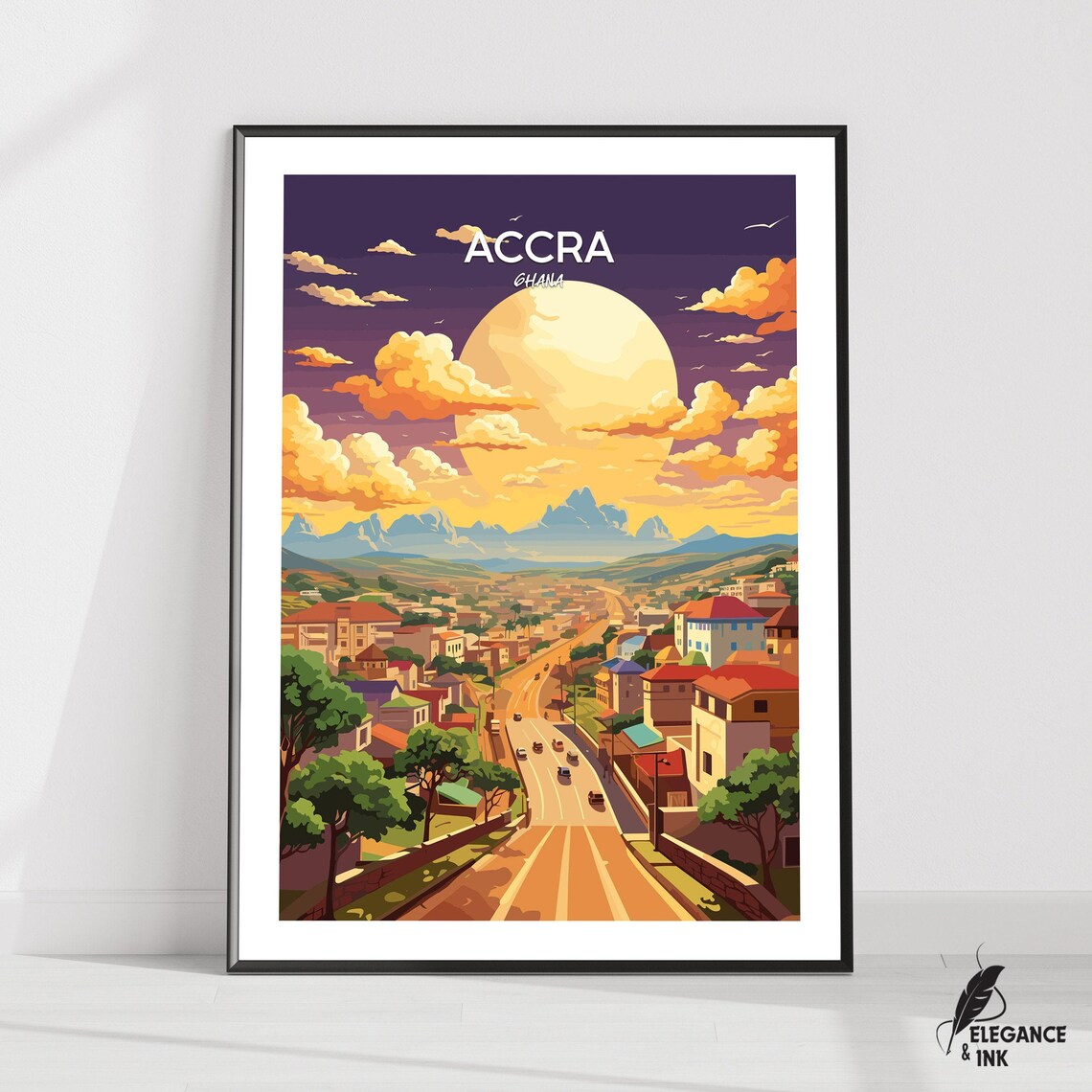 Accra Ghana City Skyline Big Sunset Illustrated Travel Poster