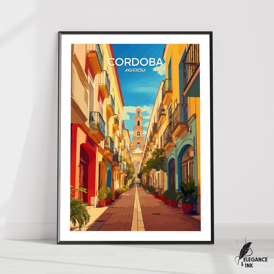 Cordoba Argentina Street Illustration Retro Travel Art Poster