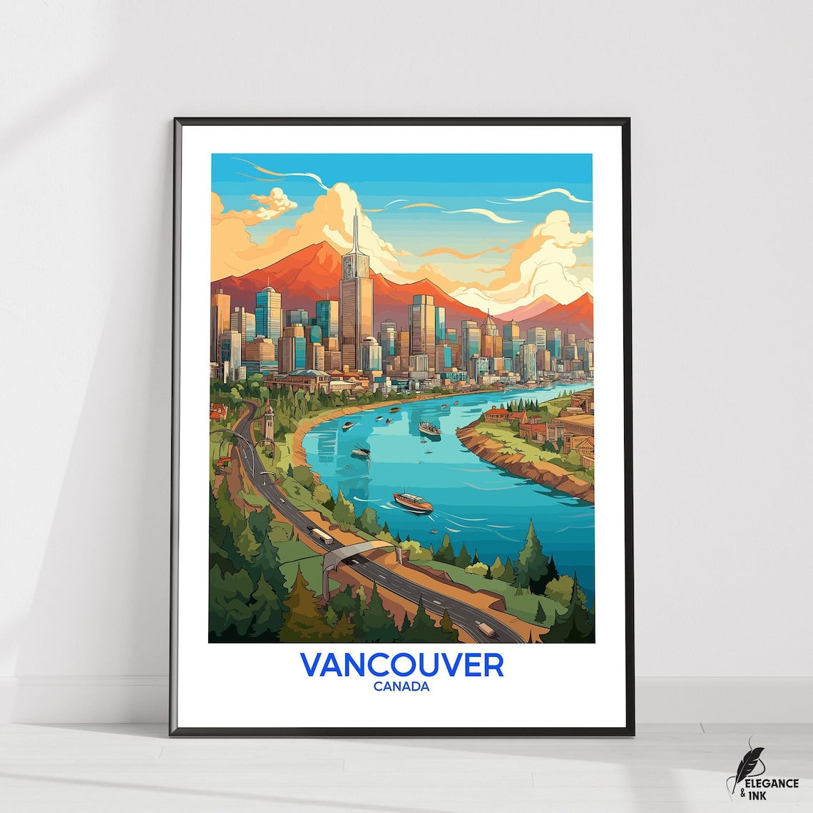 Vancouver Canada Skyline Highway Bridge Retro Travel Poster Decor