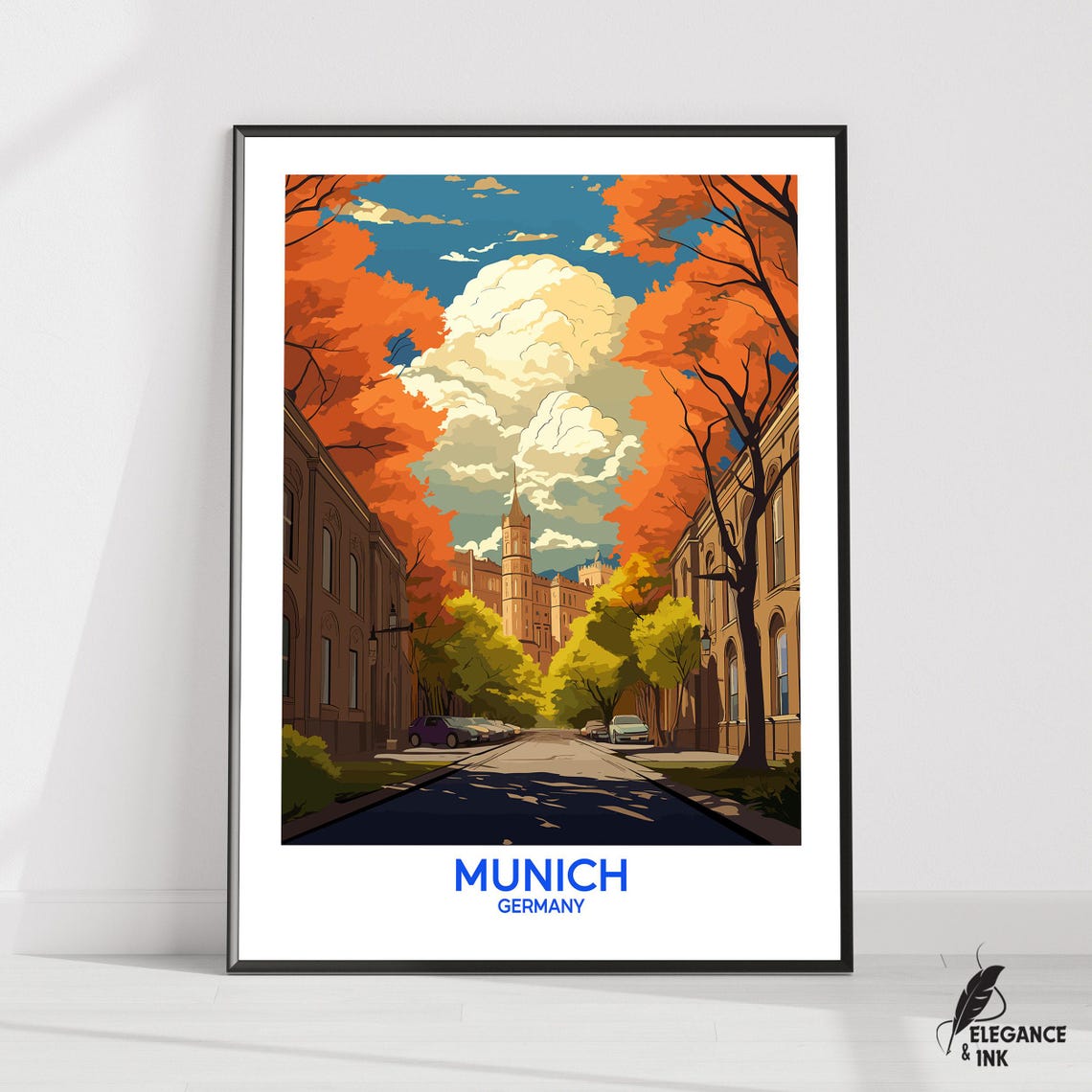 Munich Germany Autumn Avenue Cathedral View Classic Travel Poster