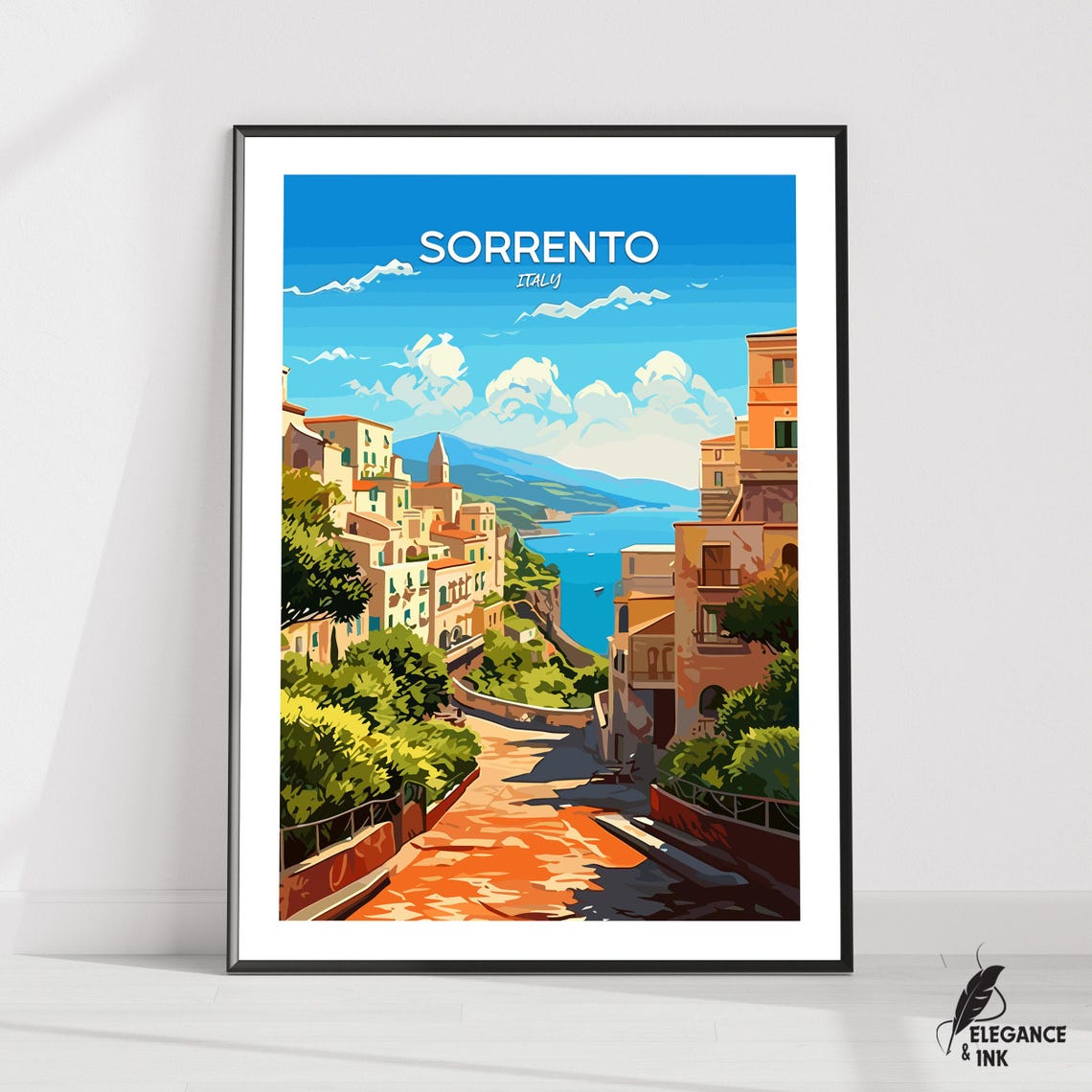 Sorrento Italy Retro Coastline Travel Poster With Name Above