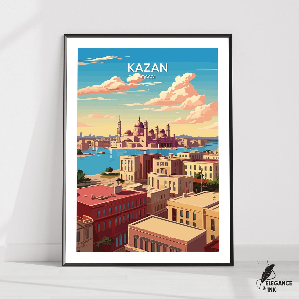 Kazan Russia Travel Poster Skyline with Mosque at Sunset in Vector Art