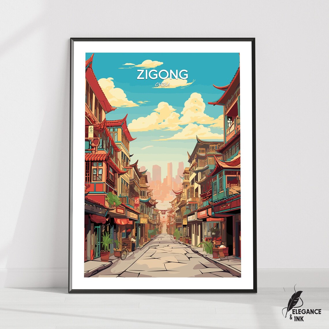 Zigong China Old Town Street Daytime Travel Illustration Poster