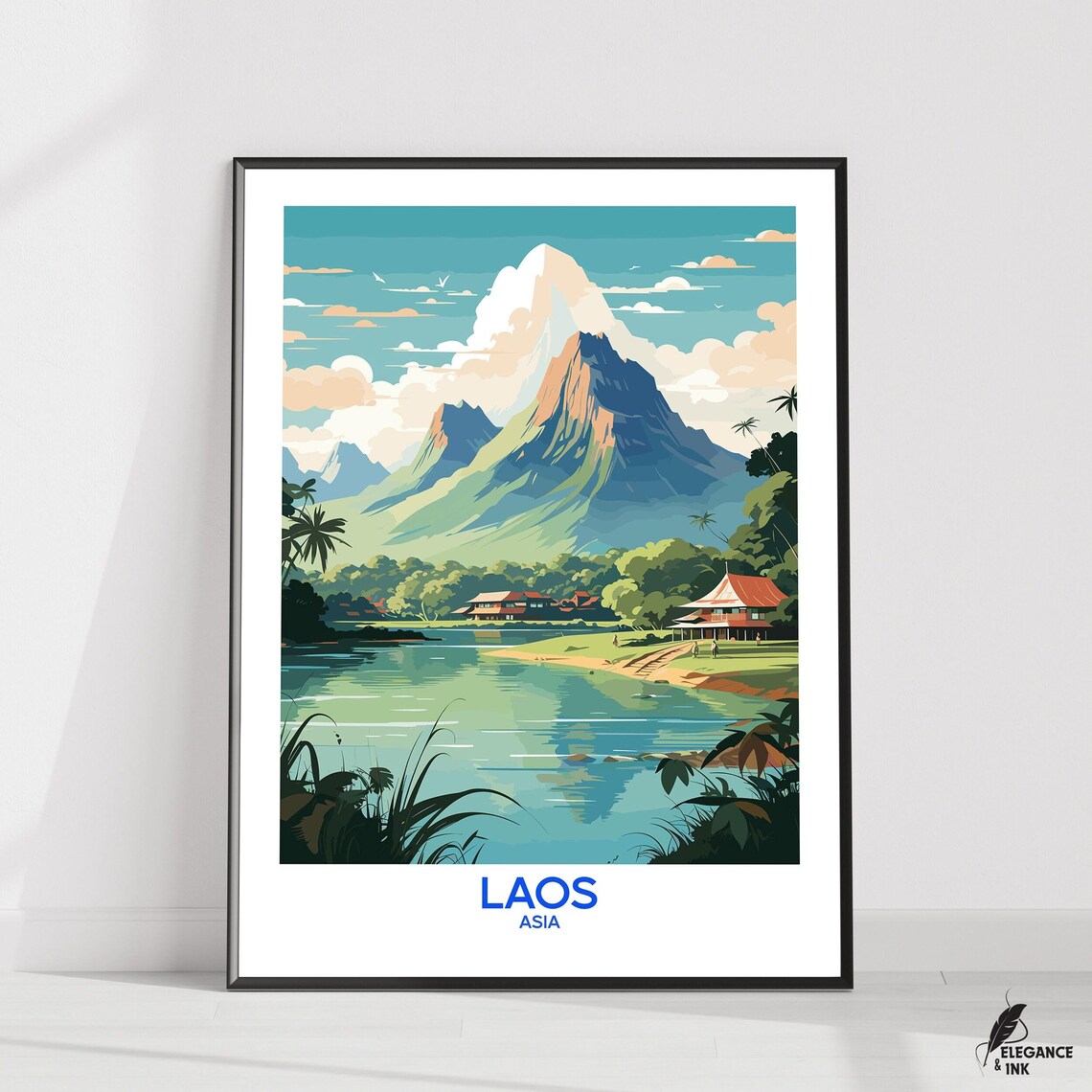Laos Asia Riverside Mountain Vintage Travel Poster Village View