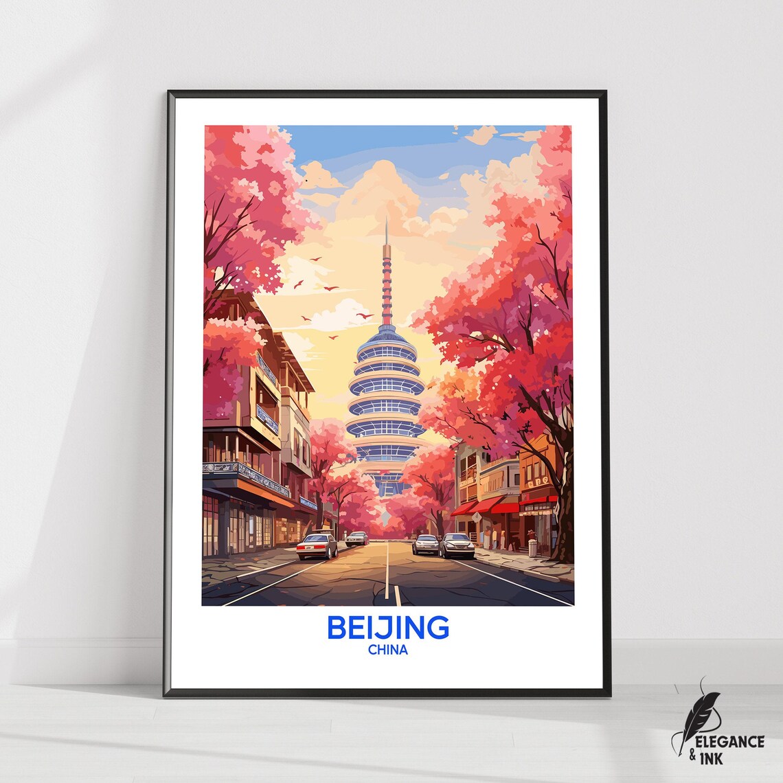 Beijing China Cherry Blossom Street Spring Tower Travel Poster