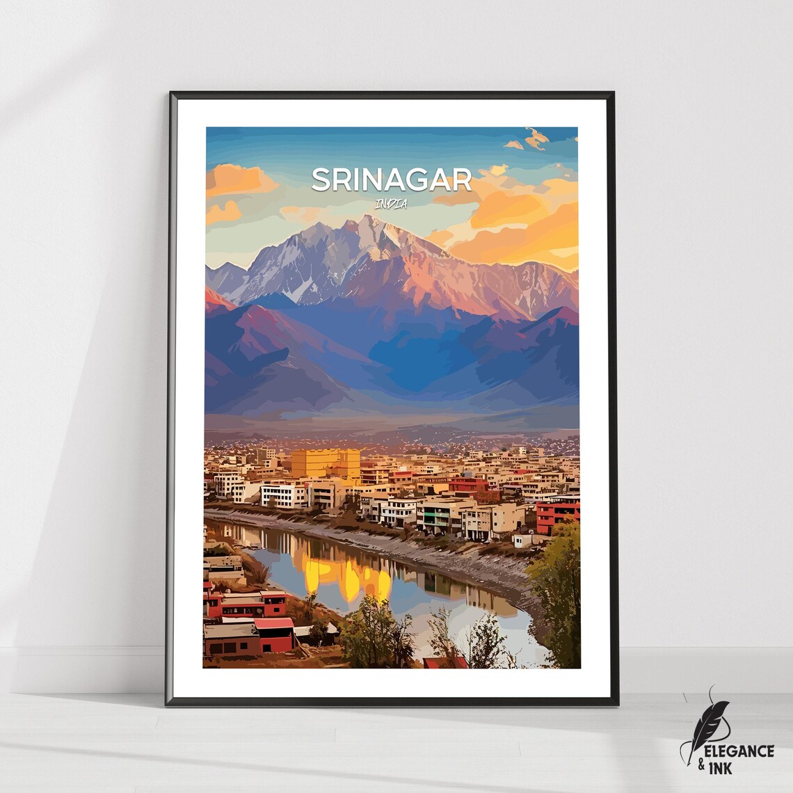 Srinagar India Himalayan Sunset City River Vintage Travel Poster