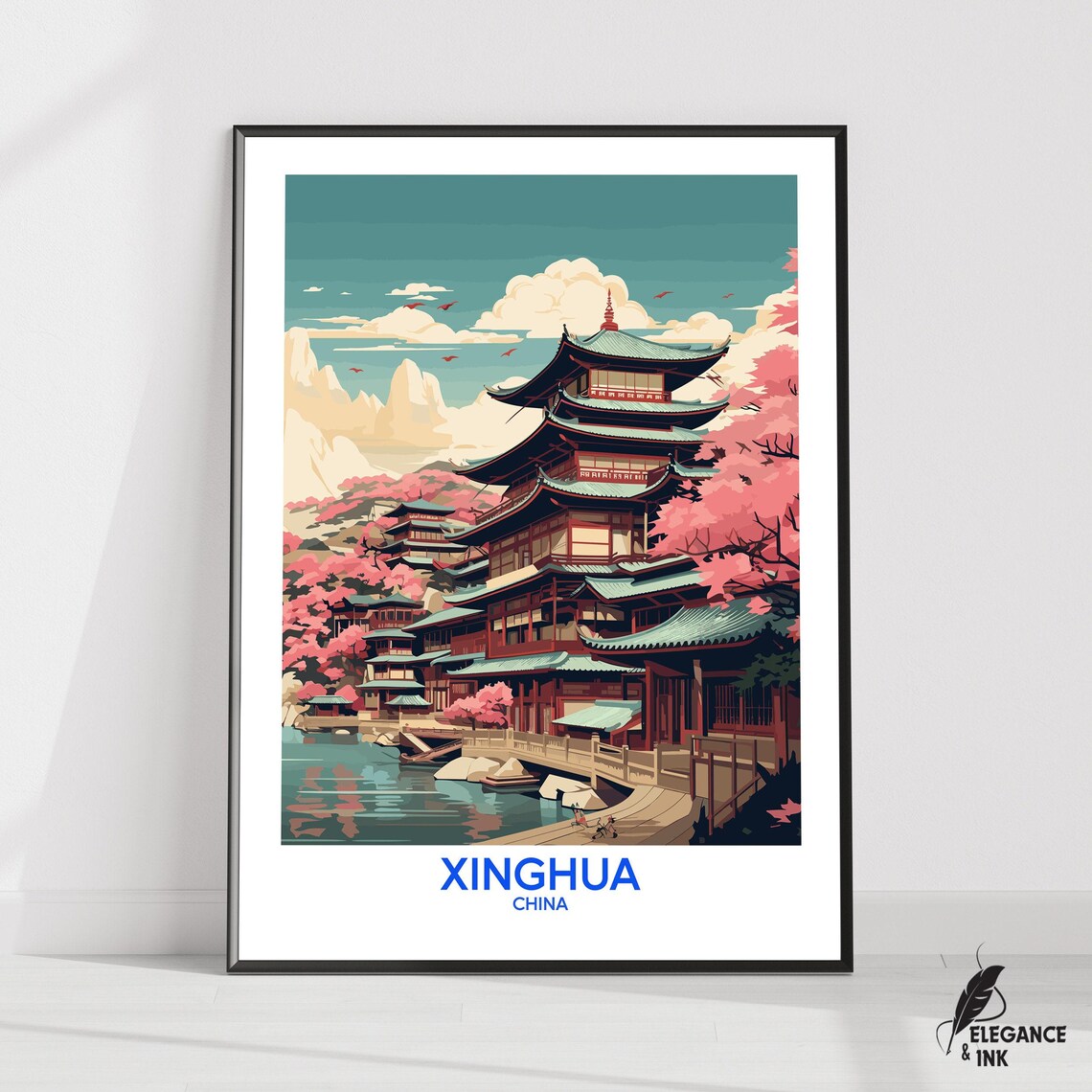 Xinghua China Pagoda Cherry Blossom Vintage Illustrated Travel Poster