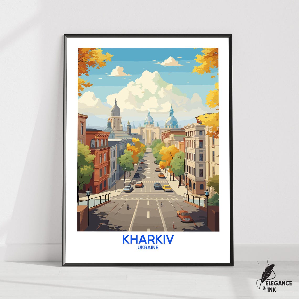 Kharkiv Ukraine Autumn Boulevard Cathedral Skyline Travel Poster