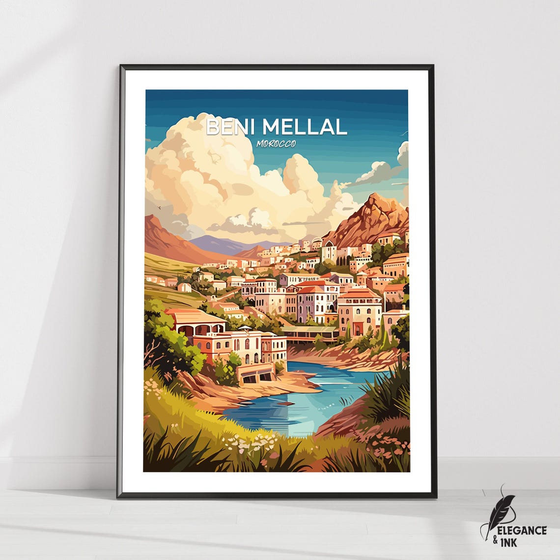 Beni Mellal Morocco Hillside Town Scenic Vintage Travel Poster