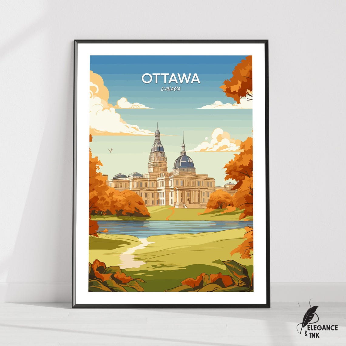 Ottawa Canada Parliament Autumn Riverfront Vector Travel Poster
