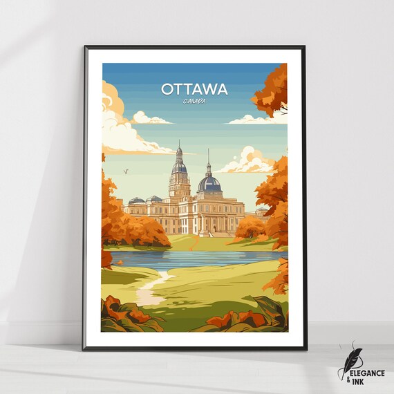 Ottawa Canada Parliament Autumn Riverfront Vector Travel Poster