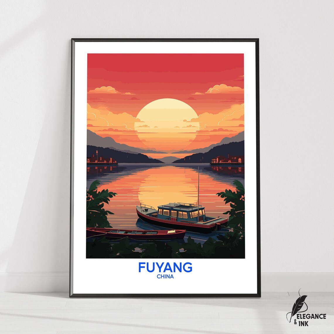 Fuyang China Sunset Lake Poster With Fishing Boat Under Big Sun