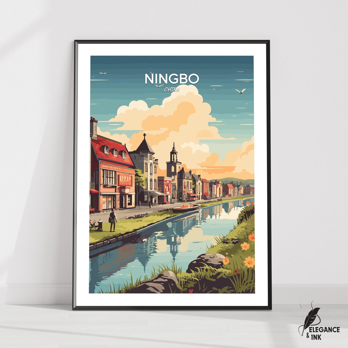 Ningbo China Historic Riverfront Street Morning Light Travel Poster