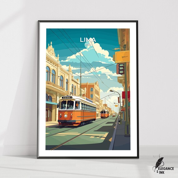 Lima Peru Classic Tram Street Avenue Scene Blue Sky Travel Poster
