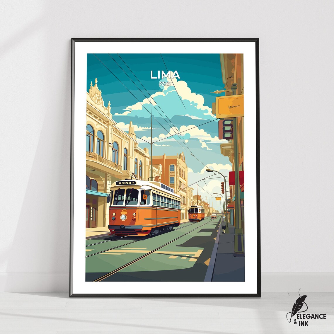Lima Peru Classic Tram Street Avenue Scene Blue Sky Travel Poster