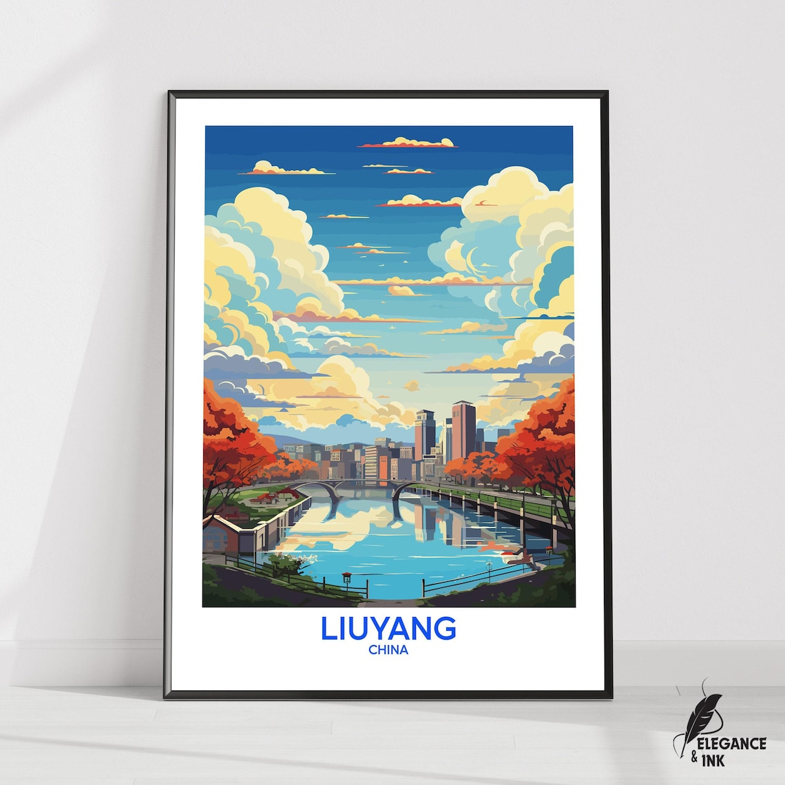 Liuyang China Autumn Riverside Cityscape Vintage Style Travel Poster