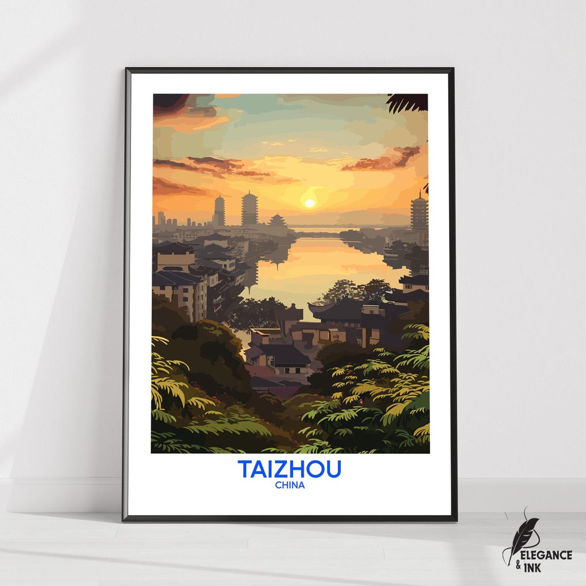 Taizhou China Sunset River Skyline Illustration Travel Poster