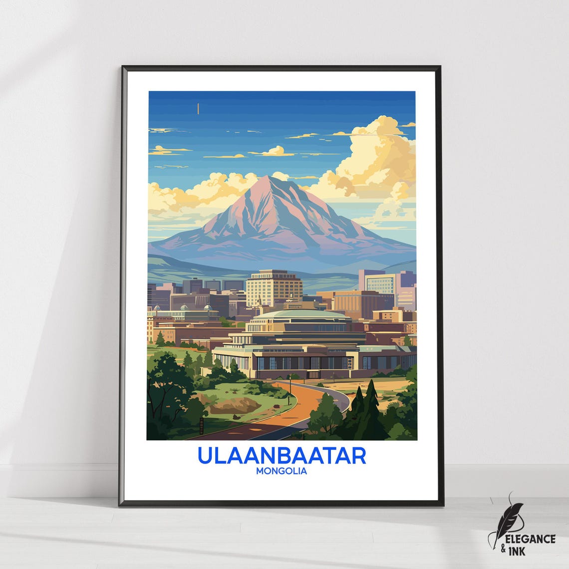 Ulaanbaatar Mongolia City Mountain Skyline Retro Travel Poster