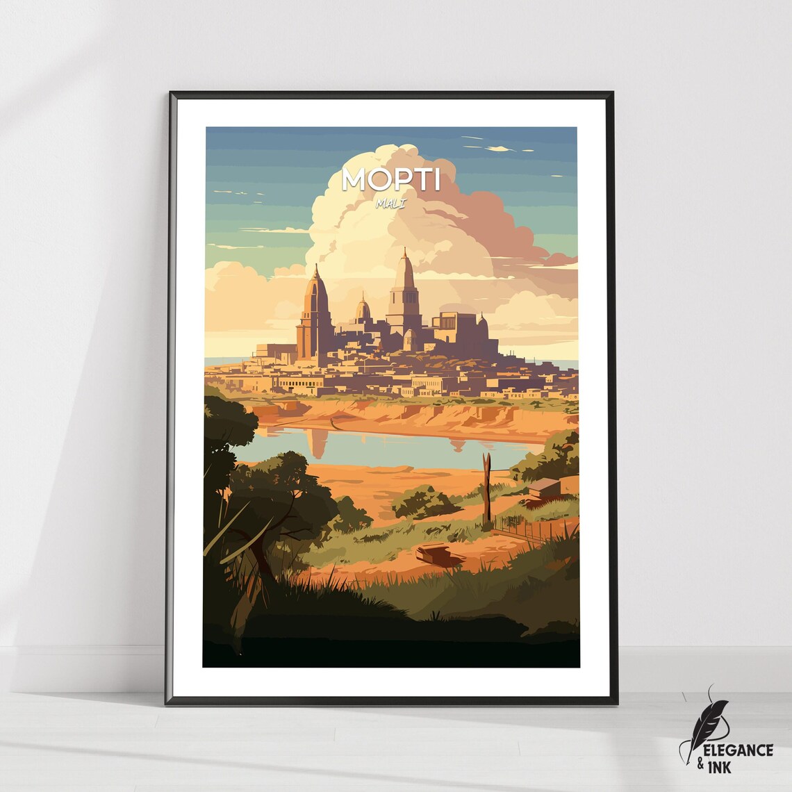 Mopti Mali Grand Mosque Niger River Vintage Travel Illustration Poster