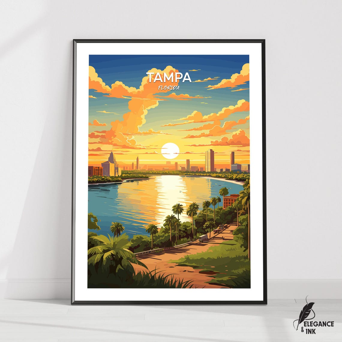 Tampa Florida Sunset Waterfront Skyline Palms Travel Art Poster