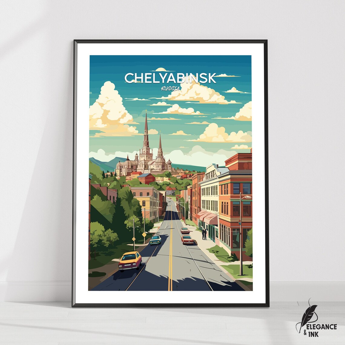 Chelyabinsk Russia Cloudy Sky Street Cathedral Spires Travel Poster