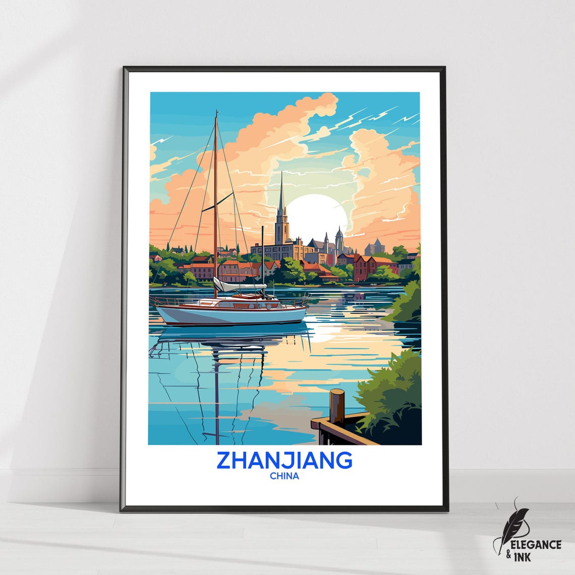 Zhanjiang China Harbor Sailboat Sunset Skyline Lower Caption Poster
