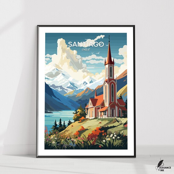 Santiago Chile Andes Mountain Church Vibrant Vintage Travel Poster