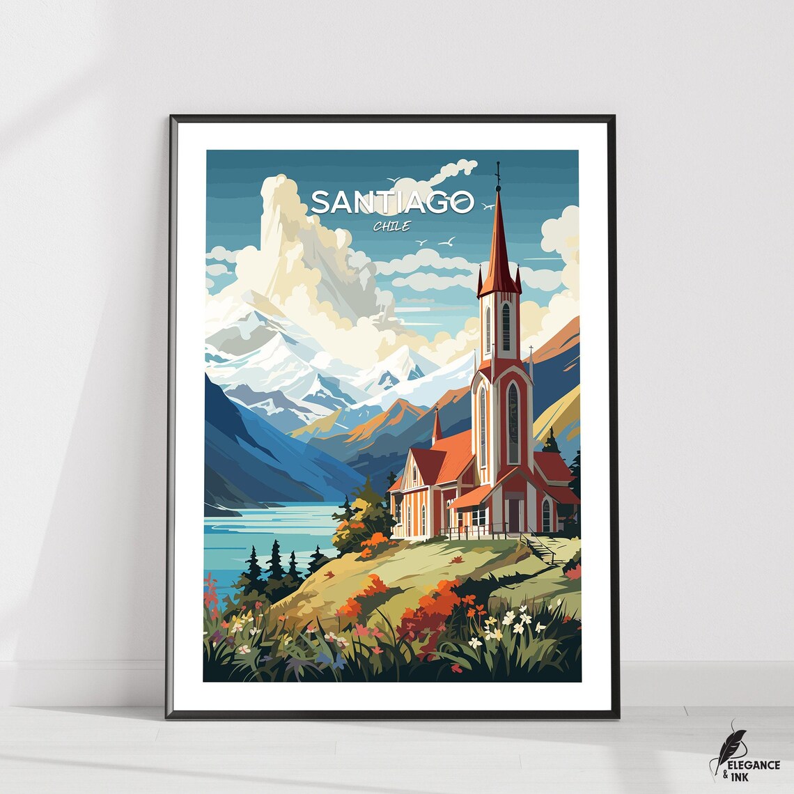 Santiago Chile Andes Mountain Church Vibrant Vintage Travel Poster