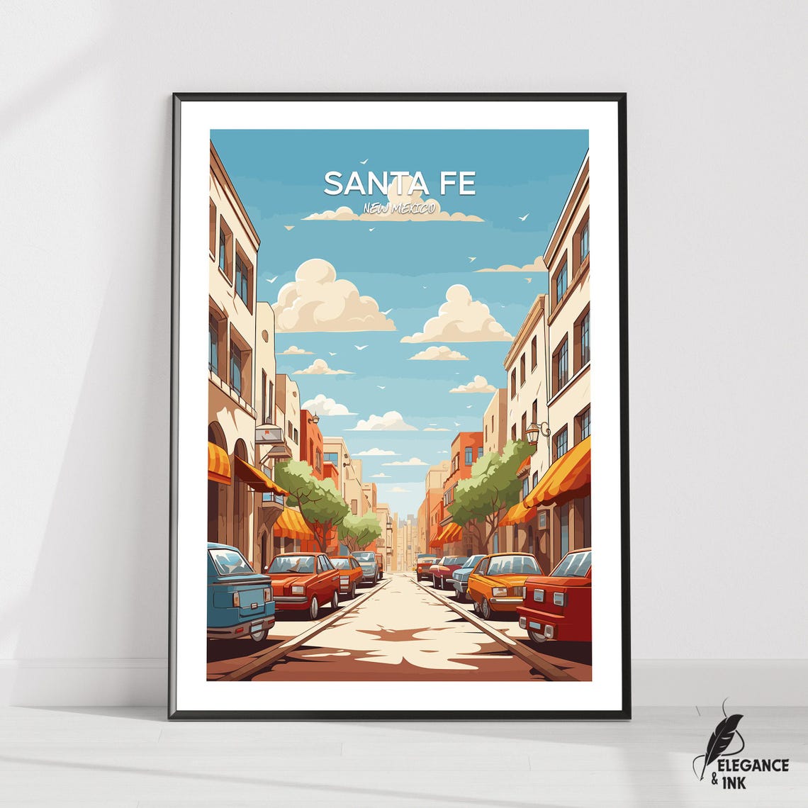 Santa Fe New Mexico Illustrated Street Poster with Skyline Lettering