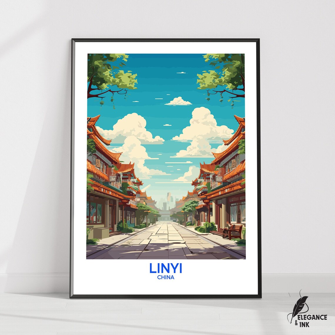 Linyi China Sunlit Old Street Traditional Illustration Travel Poster