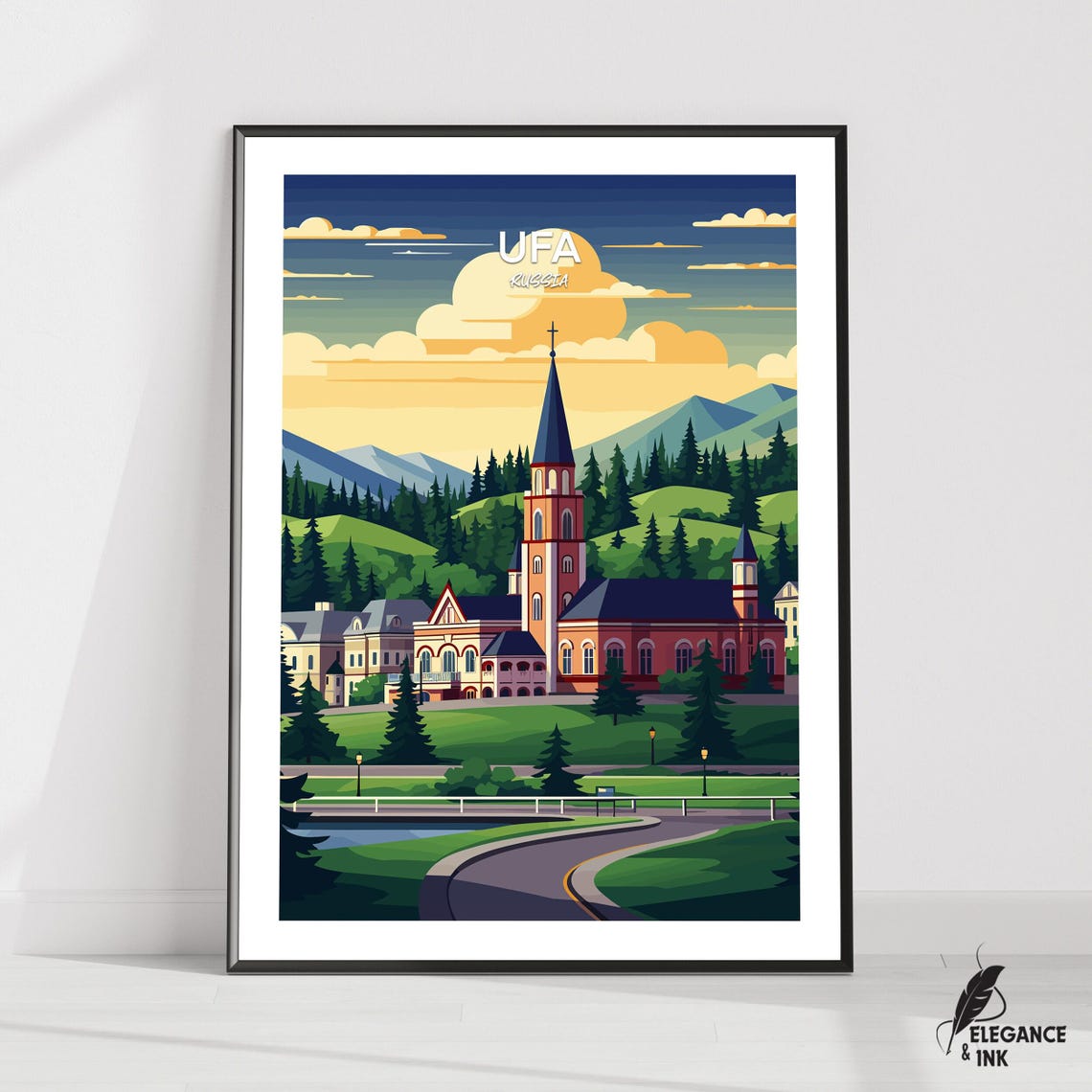 Ufa Russia Golden Church Spire Evening Sunset Vector Travel Poster